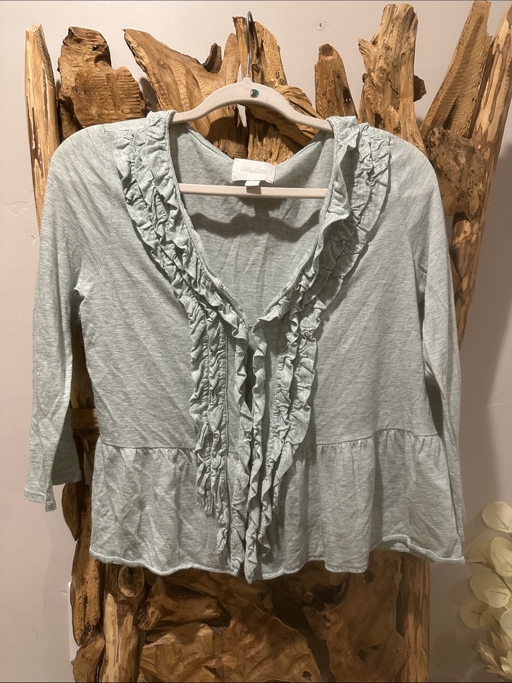 Deletta Ruffle-Front Peplum Tunic in Light Sage